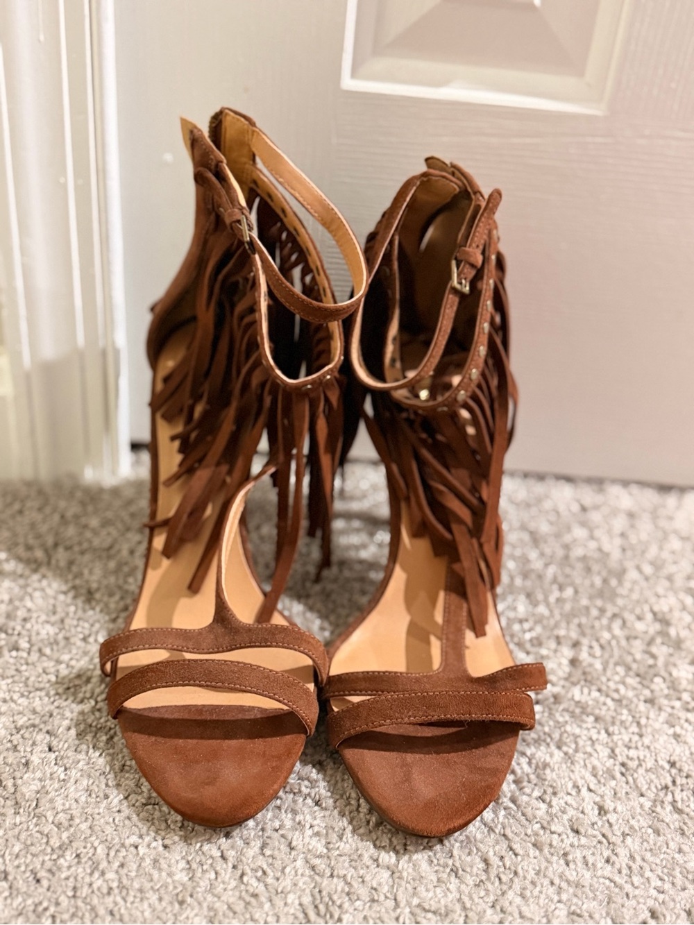Nine West Brown Suede Fringe Ankle-Strap Heels